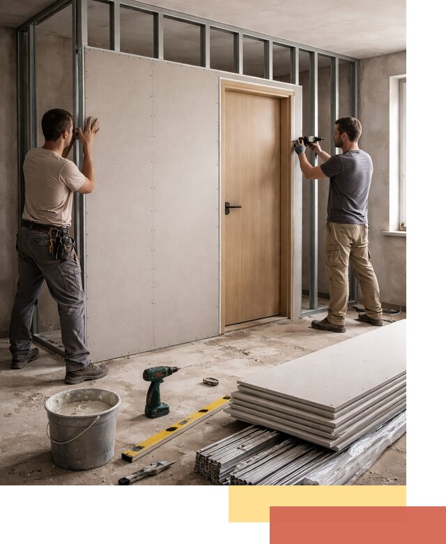 Перегородка из гипсокартона с дверью под ключ в Канске