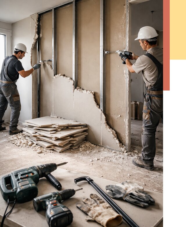 Демонтаж перегородки из гипсокартона в Канске от 1311 руб. быстро и недорого | ОТДЕЛОЧНИК-Кнс