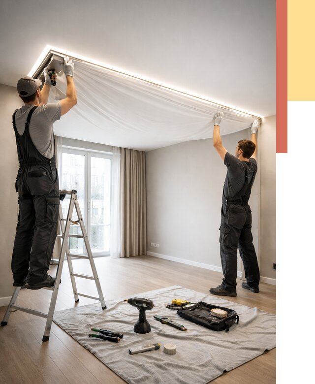 Монтаж парящего натяжного потолка в Канске от 4918 руб. быстро и недорого | ОТДЕЛОЧНИК-Кнс