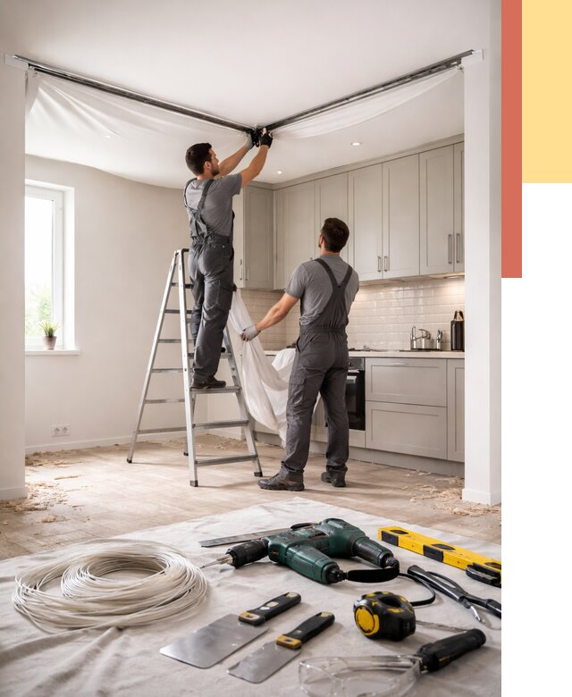 Установка натяжного потолка на кухне в Канске от 2623 руб. | ОТДЕЛОЧНИК-Кнс