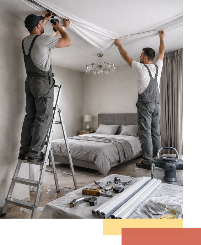 Монтаж натяжного потолка в спальне в Канске