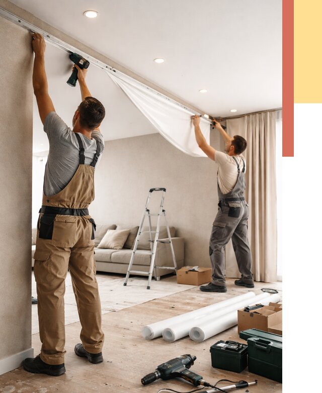 Монтаж натяжного потолка в гостиной в Канске от 601 руб. | ОТДЕЛОЧНИК-Кнс