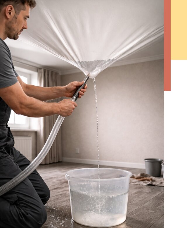 Слив воды с натяжного потолка в Канске от 2732 руб. быстро и недорого | ОТДЕЛОЧНИК-Кнс