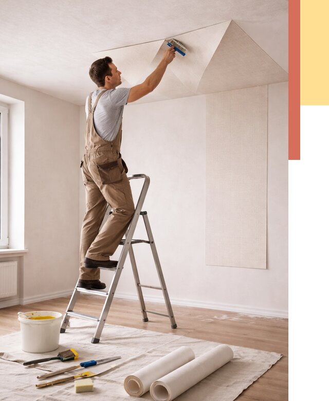 Поклейка обоев на потолок в Канске от 4918 руб. быстро и недорого | ОТДЕЛОЧНИК-Кнс